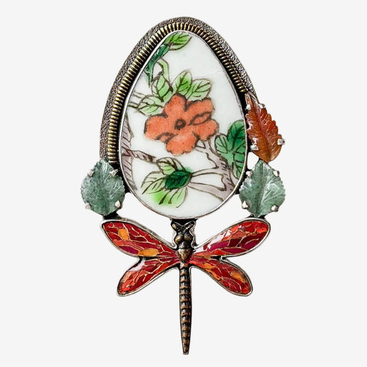 32959 Antique Porcelain, Aventurine Sterling Silver Pin / Pendant