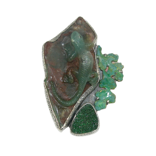 Hand Carved Chrysoprase Lizard Sterling Silver Pin and Pendant