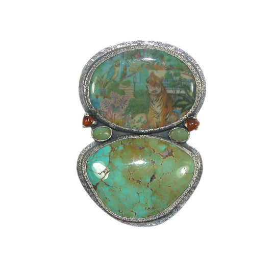 32964 Handmade Tiger Tile with Turquoise Sterling Pin Pendant