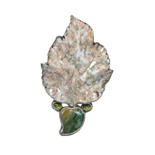32965 Hand Carved Jasper, Vesuvinite Leaf Sterling Silver Pin Pendant