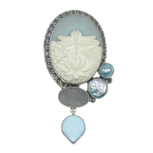 32966 Etched Lotus Dragonfly Pearl Sterling Silver Pin Pendant