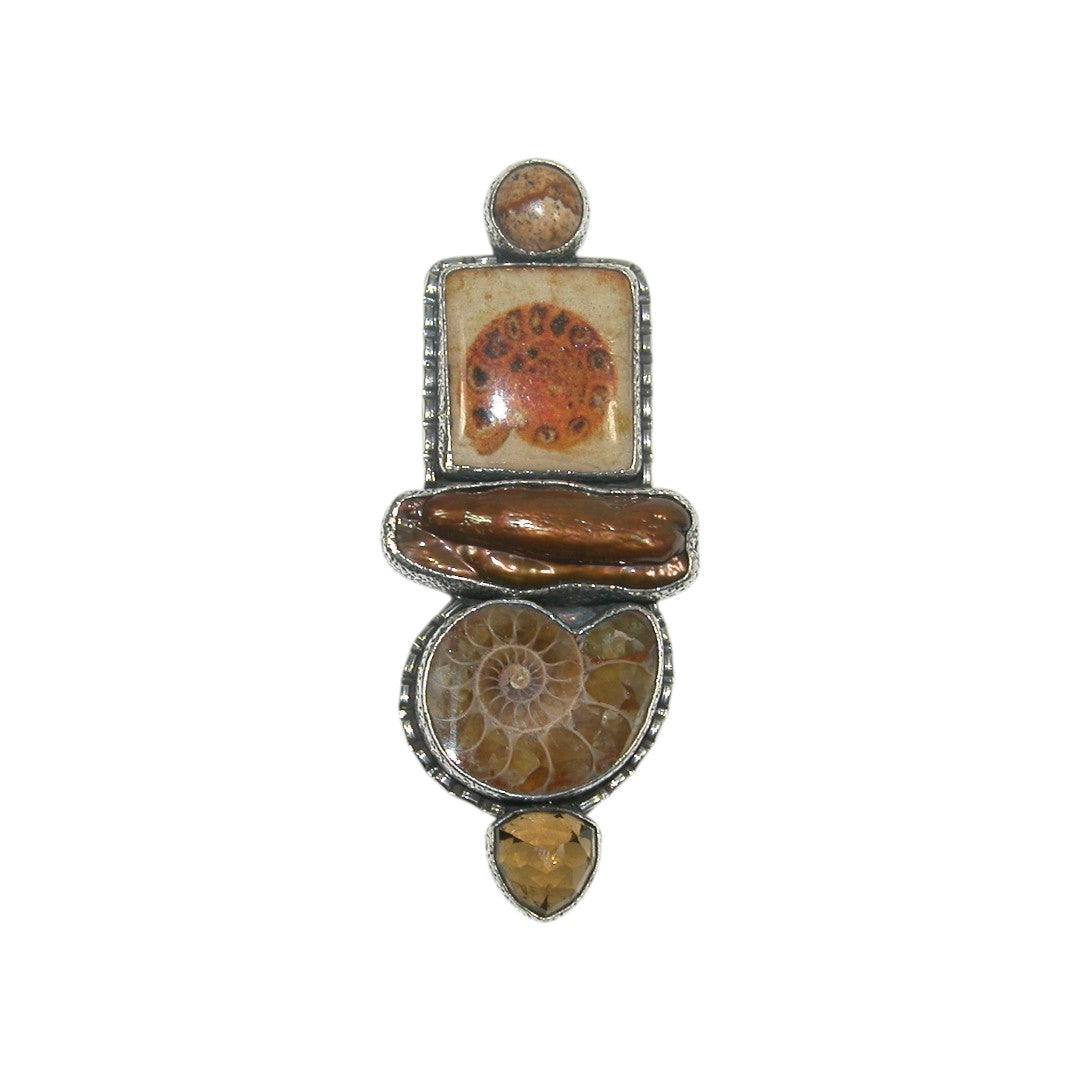 32967 Hand Made Tile, Jasper, Freshwater Pearl, Ammonite Sterling Silver Pin and Pendant