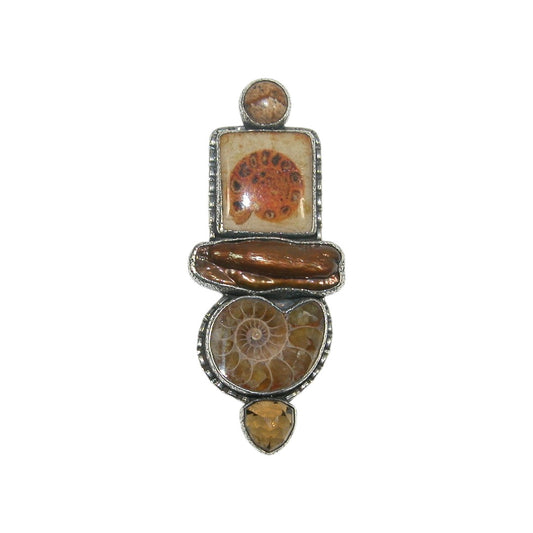 32967 Hand Made Tile, Jasper, Freshwater Pearl, Ammonite Sterling Silver Pin and Pendant