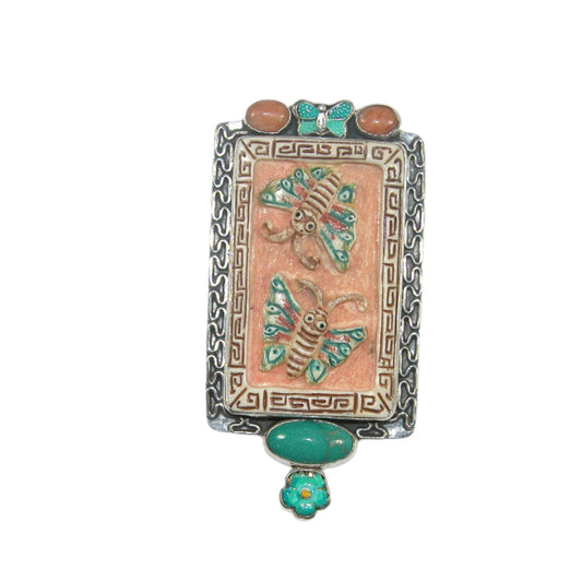 Turquoise, Hand Painted Butterfly Tile Sterling Silver Pin and Pendant