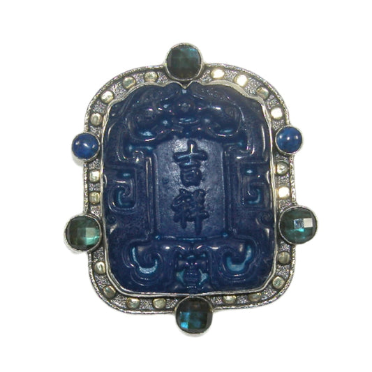 Carved Blue Lapis, Labradorite, Blue Quartz Sterling Silver Pin and Pendant