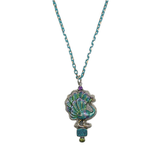 32980 Hand Enamel Peacock, Drusy, Peridot, Amethyst Sterling Silver Necklace
