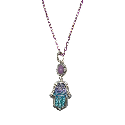 32982 Hand Enameling Hamsa, Phosphosiderite Sterling Silver Necklace