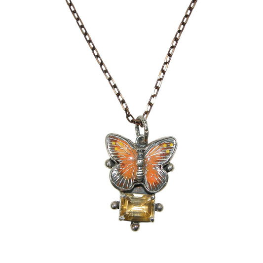 32987 Hand Enamel Butterfly Citrine Sterling Silver Necklace