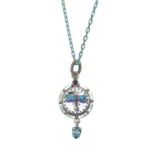 32988 Hand Enamel Dragonfly, Blue Topaz Sterling Silver Necklace