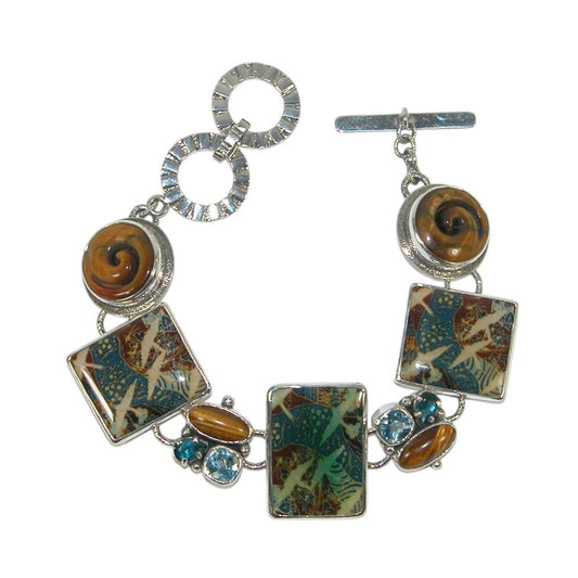 32993 Tigers Eye, Hand Made Tile, Blue Topaz Sterling Silver Bracelet