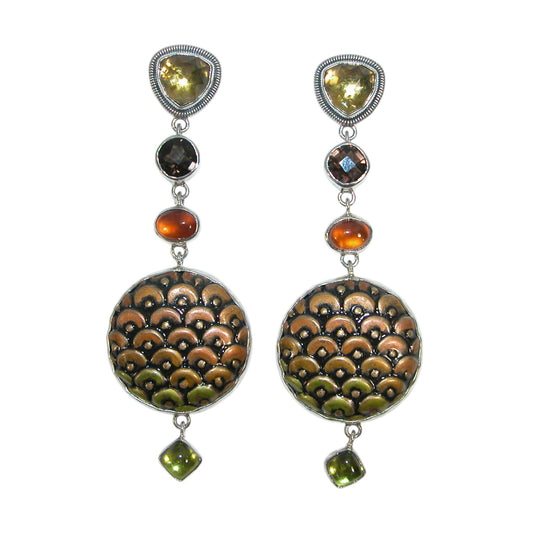 32997 Lemon Citrine, Hessonite, Peridot, Hand Enameling Sterling Silver Earrings