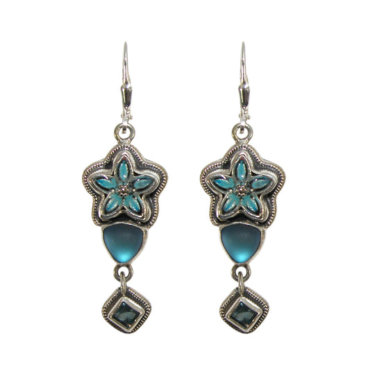 32998L Hand Enameling Flower, Celestial Quartz Sterling Silver Dangle Earrings