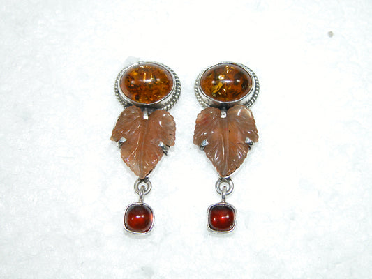 32999 Hand Carved Aventurine Leaf, Baltic Amber, Hessonite, Sterling Silver Earrings