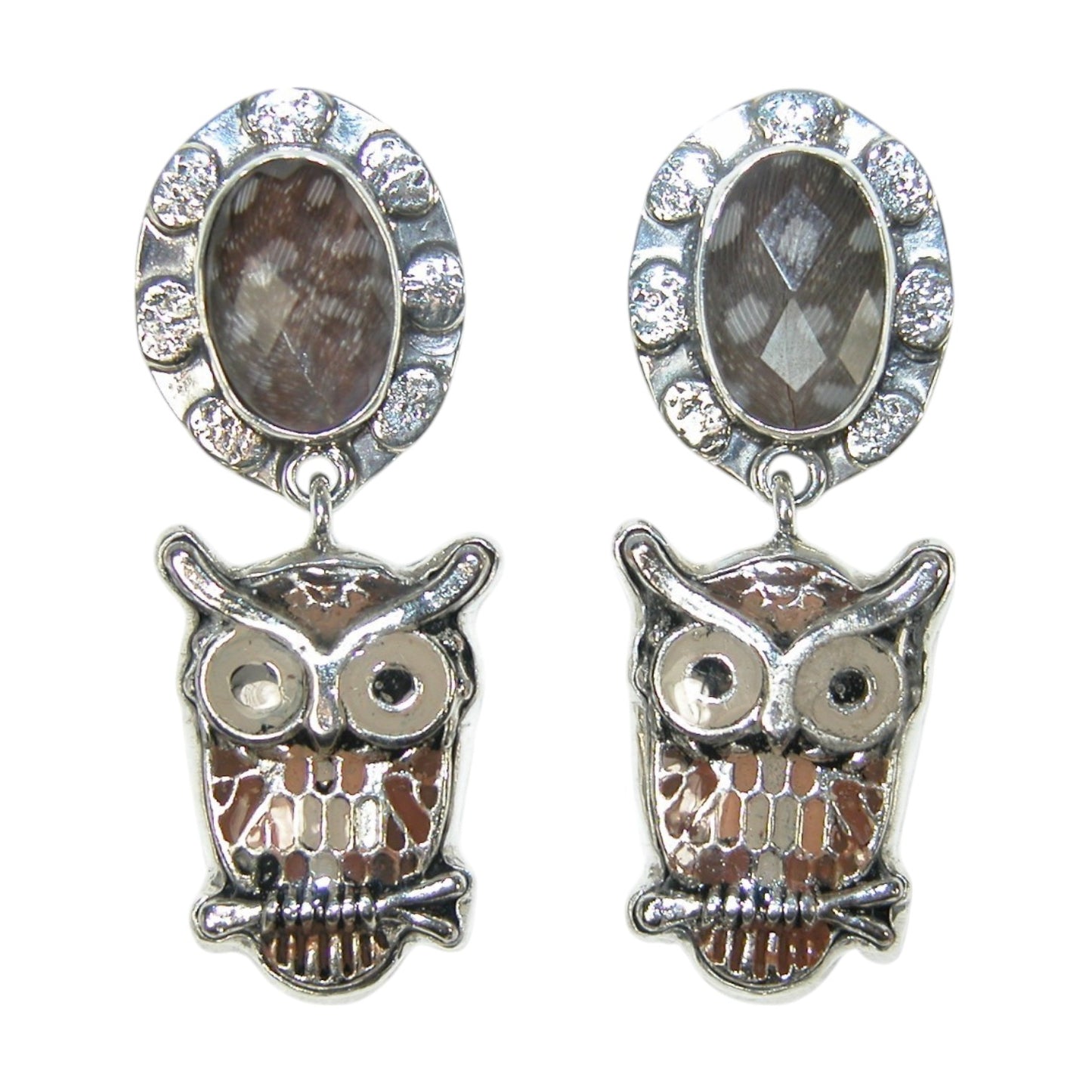 33118 Feather Hand Enamel Flower and Owl Sterling Silver Earrings