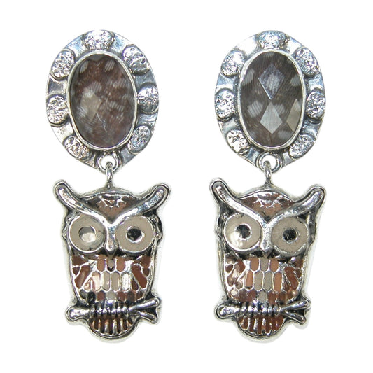 33118 Feather Hand Enamel Flower and Owl Sterling Silver Earrings