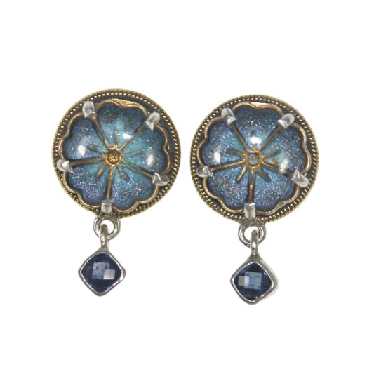 33015 Blue Enameled Floral Sterling Silver Dangle Earrings