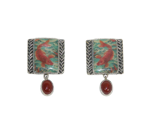 33017 Koi Fish Handmade Tile, Carnelian, Sterling Silver Earrings