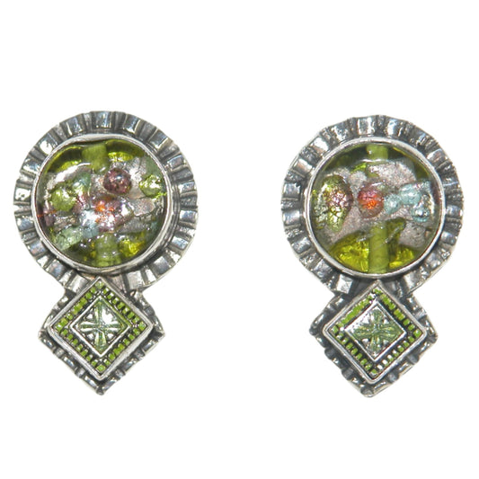 33021 Green Glass Enamel Sterling Silver Earrings