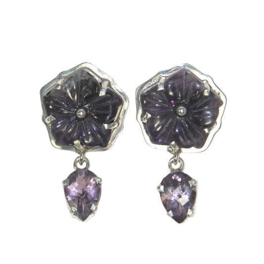 33026 Purple Amethyst Flower Sterling Silver Dangle Earrings