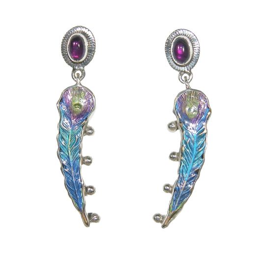 33027 Peacock Feather Hand Enameled Sterling Silver Earring