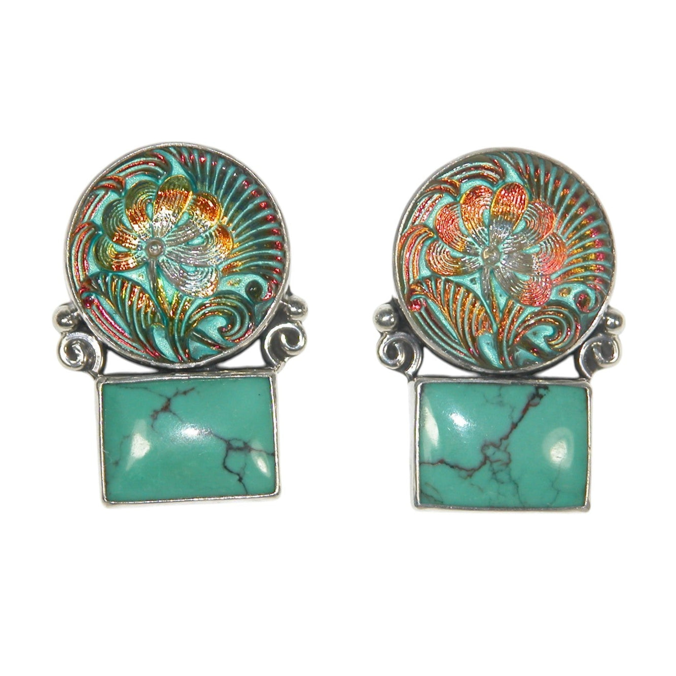 33028 Turquoise, Czech Glass Button Sterling Silver Earrings