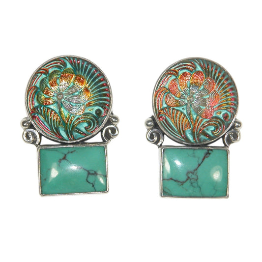 33028 Turquoise, Czech Glass Button Sterling Silver Earrings