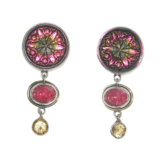 33030 Czech Glass Button Citrine Sterling Silver Earrings
