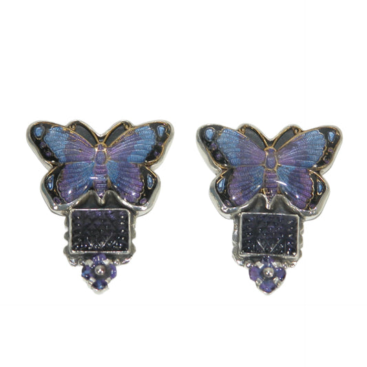 33032 Hand Enameled Butterfly Carved Amethyst Vintage Glass Sterling Silver Earrings