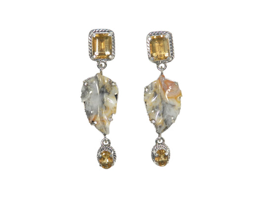 Citrine Carved Leaf Sterling Silver Drop Earrings