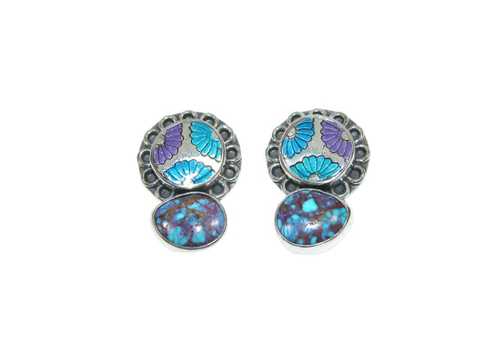 33041 Purple Turquoise Flower Enamel, Sterling Silver Earrings