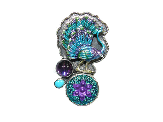 33043 Peacock, Czech Button, Sterling Silver Pin and Pendant