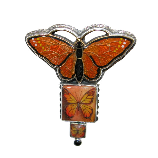 33044 Black Onyx, Hand Made Tile, Enameled Butterfly Sterling Silver Pin and Pendant