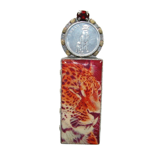 33045A Hand Made Tile Cheetah Coin  Sterling Silver Pin and Pendant