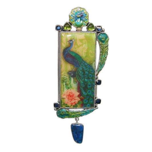 33046 Hand Made Peacock Tile, Blue Lapis Sterling Silver Pin and Pendant