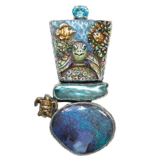 33050 Hand Carved Turtle Mother of Pearl Sterling Silver Pin and Pendant