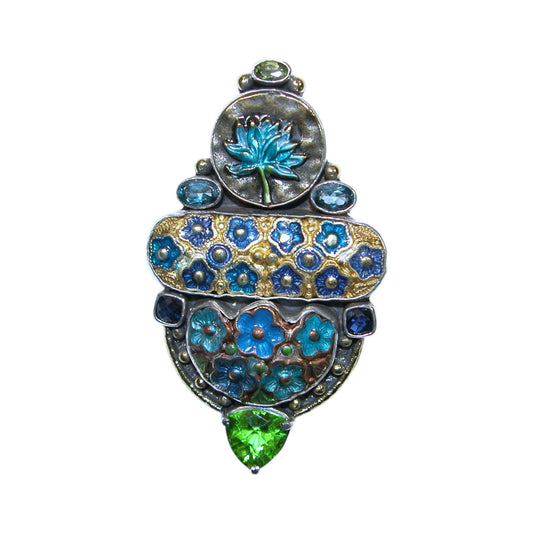 33052 Hand Enamel, Lotus Sterling Silver Pin and Pendant