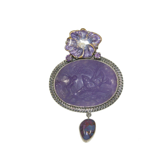33056 Hand Carved Birds with Hand Enameled Flower and Boulder Opal Sterling Silver Pin Pendant