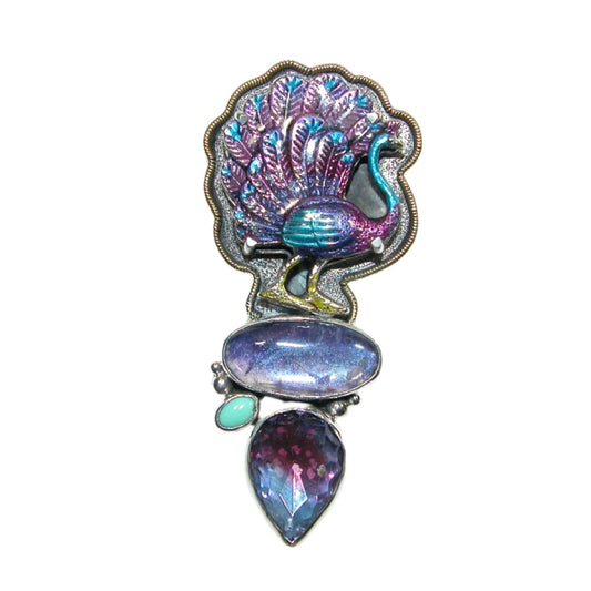 33057 Hand Enameled Peacock Sterling Silver Pin and Pendant