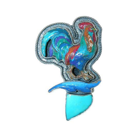 33063 Hand Enameling Rooster, Turquoise Sterling Silver Pin and Pendant