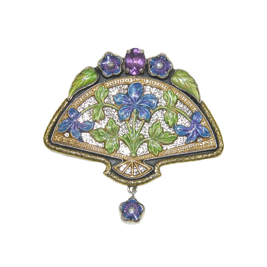 33064 Amethyst and Hand Enameled Fan Sterling Silver Pin Pendant