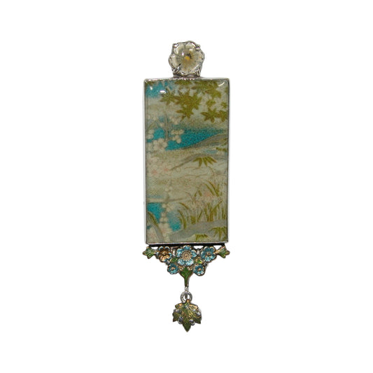 33067 Hand Made Tile, Enamel Floral Sterling Silver Pin and Pendant