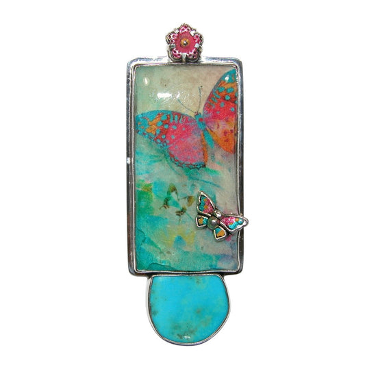 33068 Hand Made Tile, Butterfly Sterling Silver Pin and Pendant