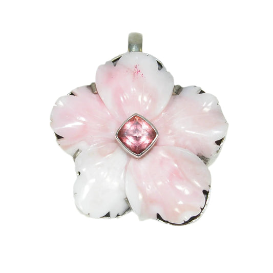 33080 Carved Pink Flower Sterling Silver Pin and Pendant