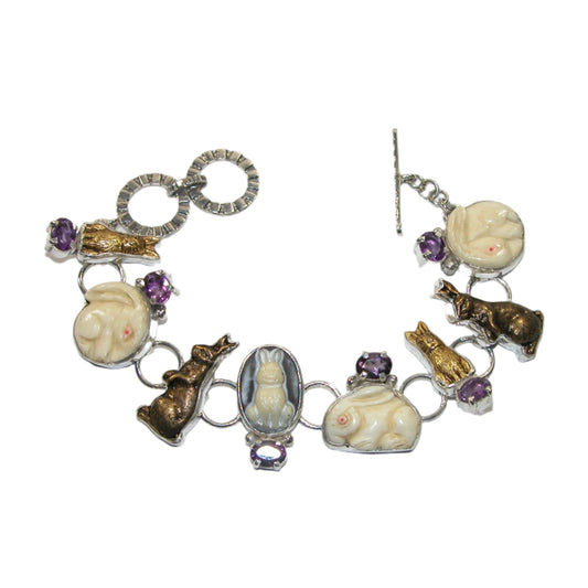 Hand Carved Bone Amethyst Sterling Silver Bracelet