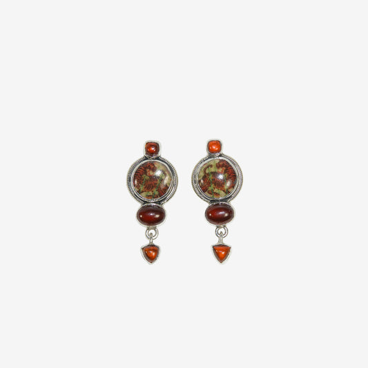 33100 Carnelian, Hessonite, Hand-Enameled Tiger Sterling Silver Earrings