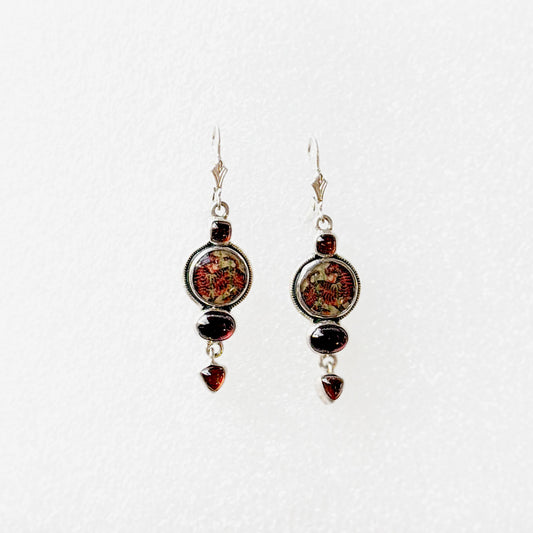 33100L Carnelian, Hessonite, Hand-Enameled Tiger Sterling Silver Earrings