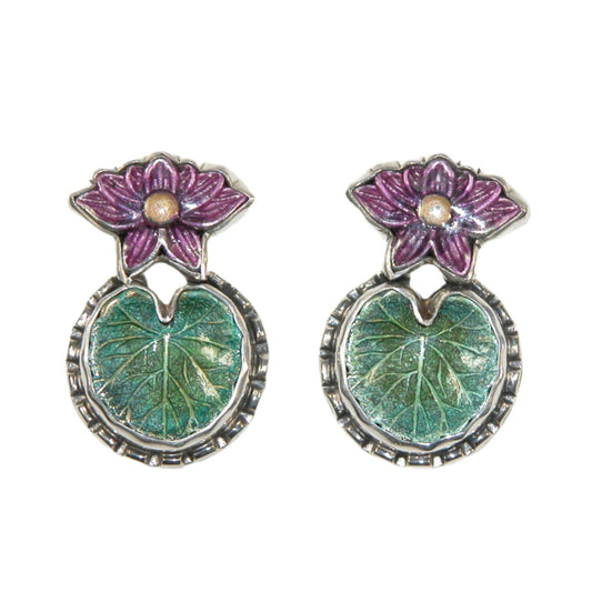 Enamel Lotus Flower and Leaf Sterling Silver Earrings