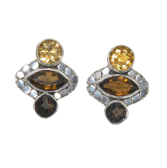 33105 Citrine, Smokey Topaz and Whisky Topaz Cluster Sterling Silver Earrings