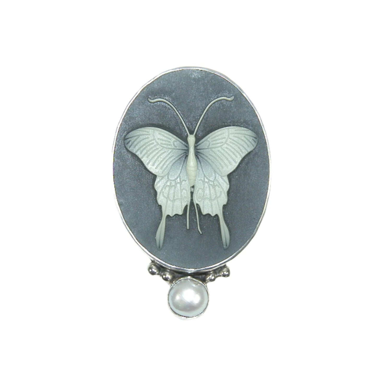 33109 Freshwater Pearl, Etched Butterfly Cameo Sterling Silver Pin and Pendant