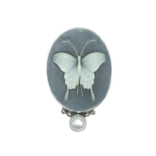 Freshwater Pearl, Etched Butterfly Cameo Sterling Silver Pin and Pendant